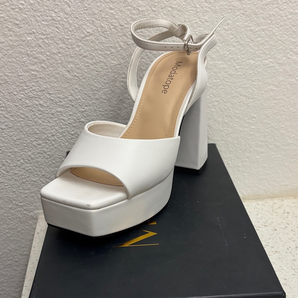 White Platform Block Heel Sandals with Ankle Strap